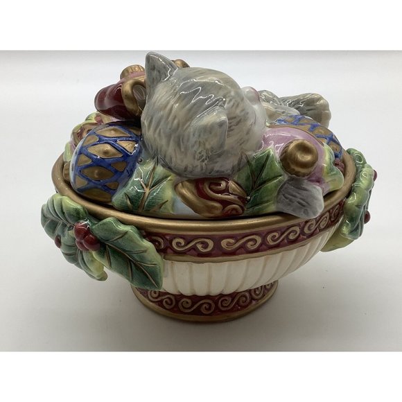 Fitz and Floyd Cat with Ornaments Candy Dish - Picture 6 of 11